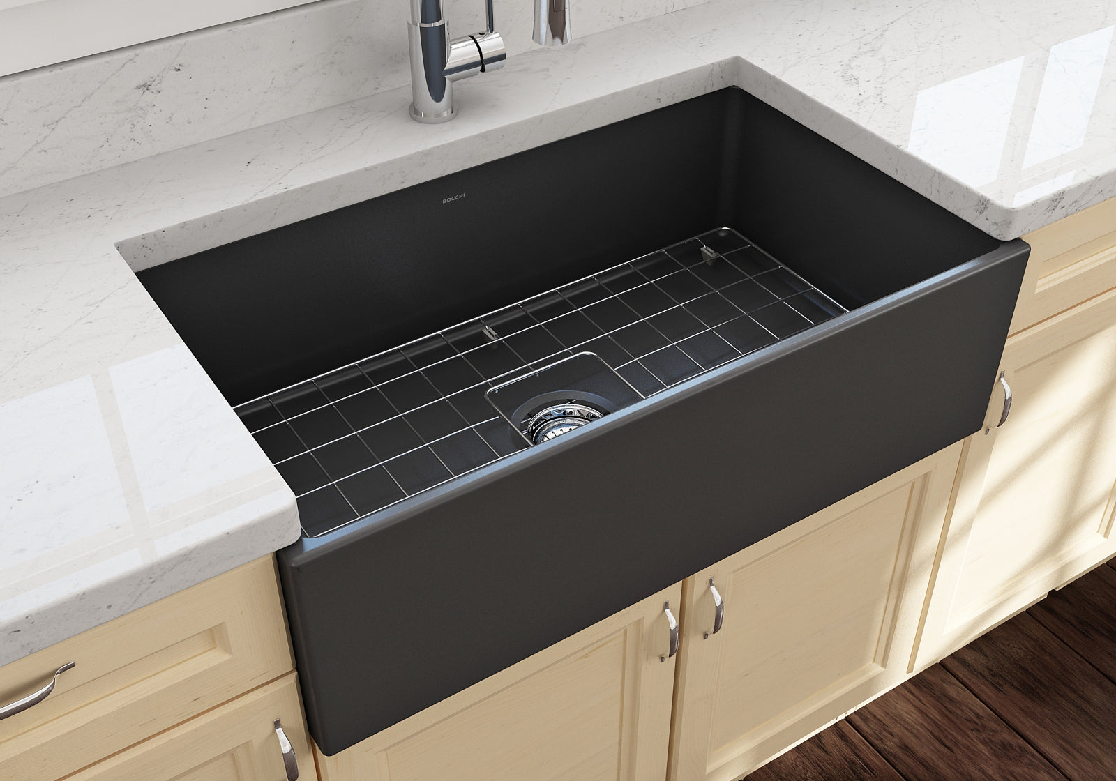 Contempo Apron Front Fireclay 33 in. Single Bowl Kitchen Sink with Protective Bottom Grid and Strainer 1352