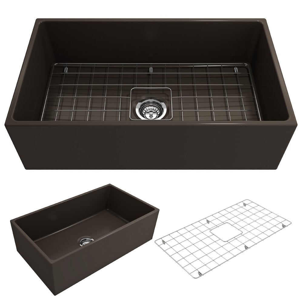 Contempo Apron Front Fireclay 33 in. Single Bowl Kitchen Sink with Protective Bottom Grid and Strainer 1352