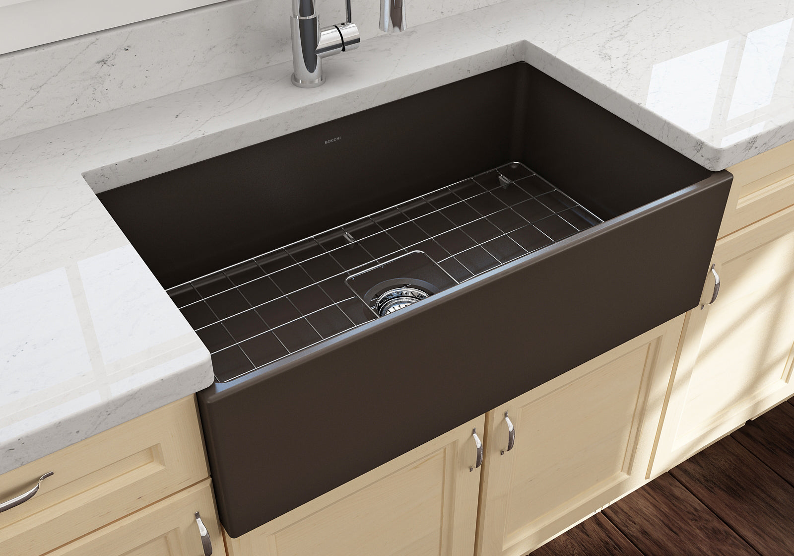 Contempo Apron Front Fireclay 33 in. Single Bowl Kitchen Sink with Protective Bottom Grid and Strainer 1352