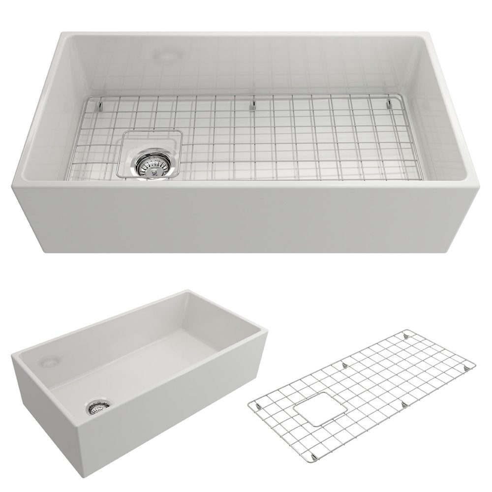Contempo Apron Front Fireclay 36 in. Single Bowl Kitchen Sink with Protective Bottom Grid and Strainer 1354