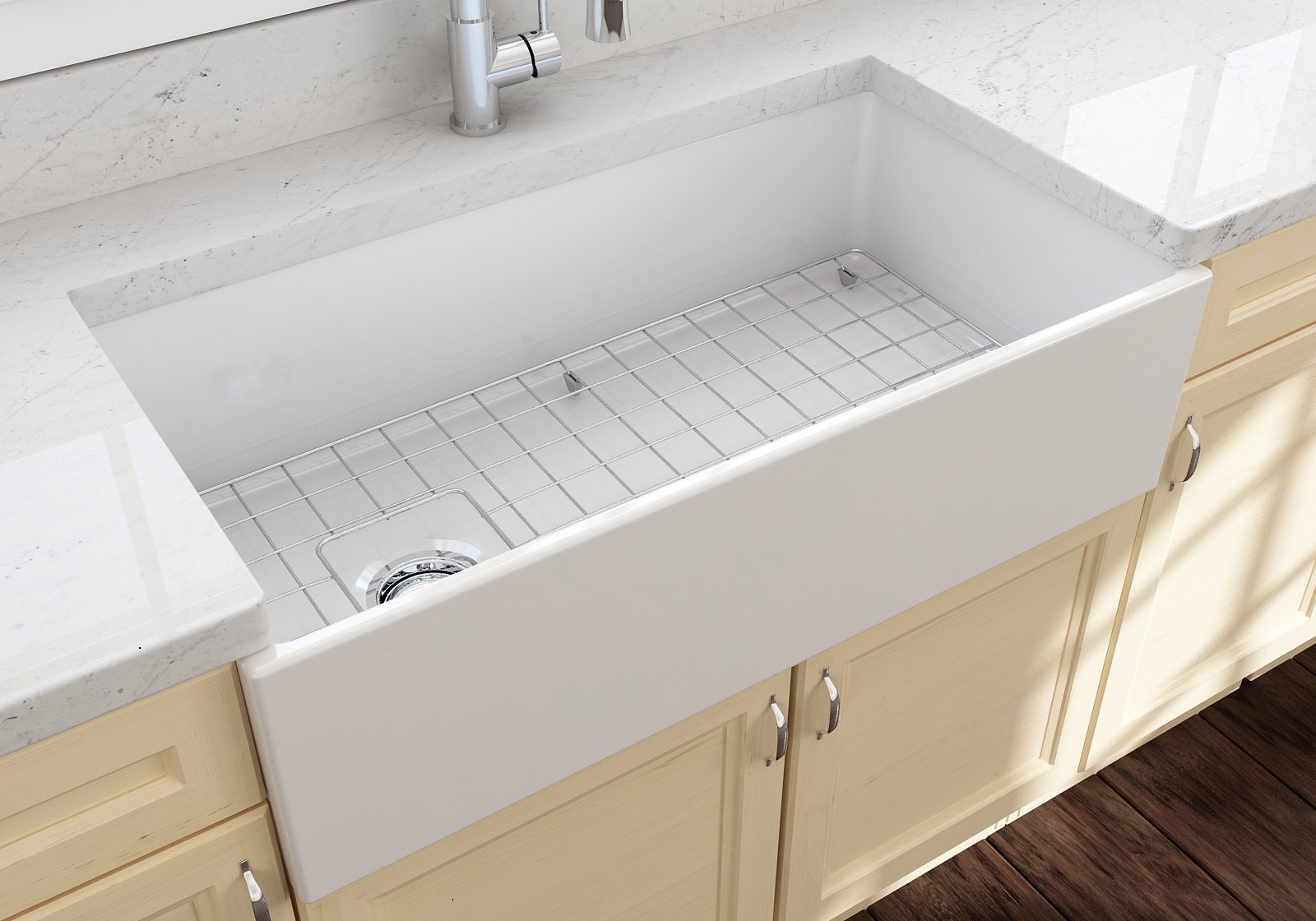 Contempo Apron Front Fireclay 36 in. Single Bowl Kitchen Sink with Protective Bottom Grid and Strainer 1354