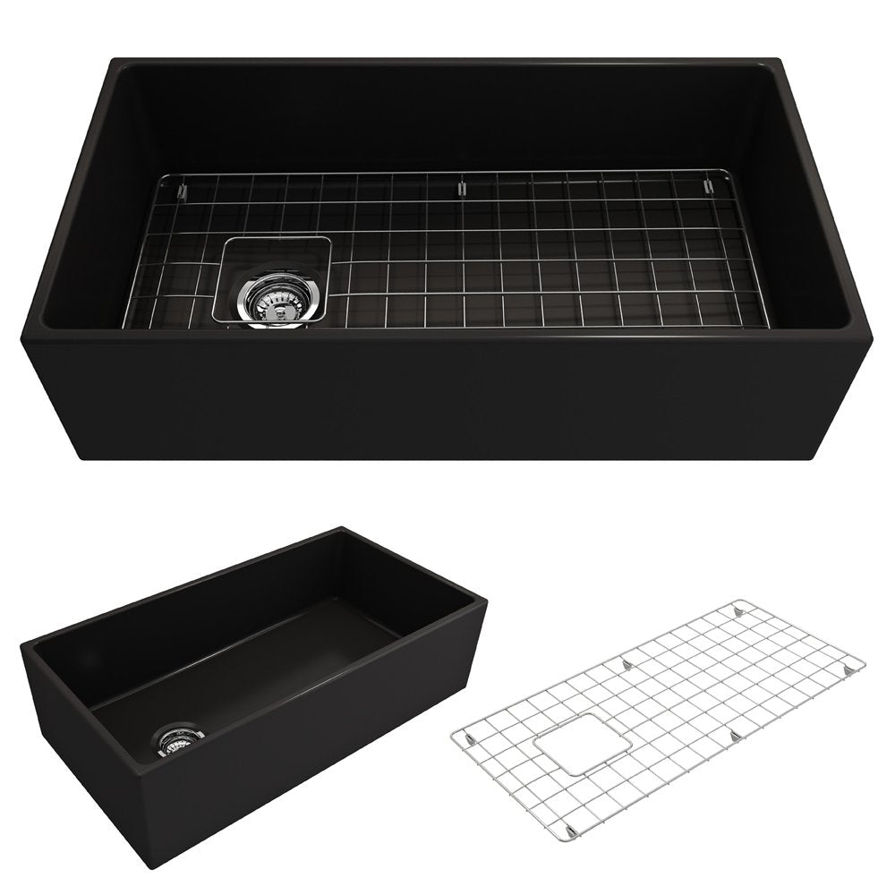 Contempo Apron Front Fireclay 36 in. Single Bowl Kitchen Sink with Protective Bottom Grid and Strainer 1354