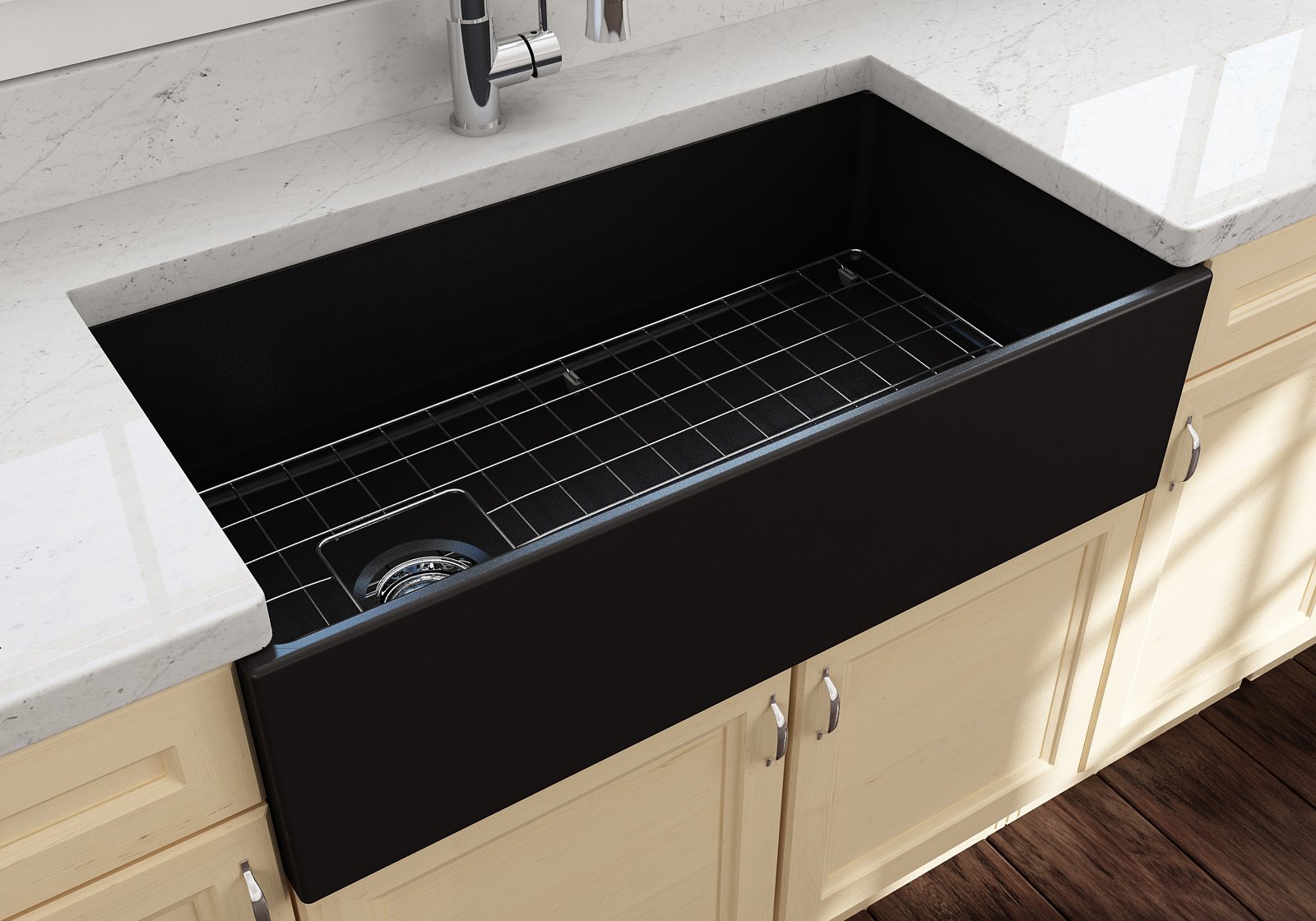 Contempo Apron Front Fireclay 36 in. Single Bowl Kitchen Sink with Protective Bottom Grid and Strainer 1354