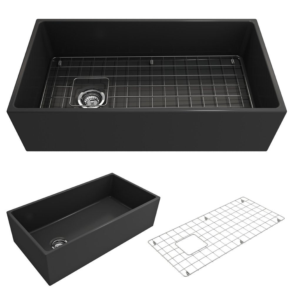 Contempo Apron Front Fireclay 36 in. Single Bowl Kitchen Sink with Protective Bottom Grid and Strainer 1354