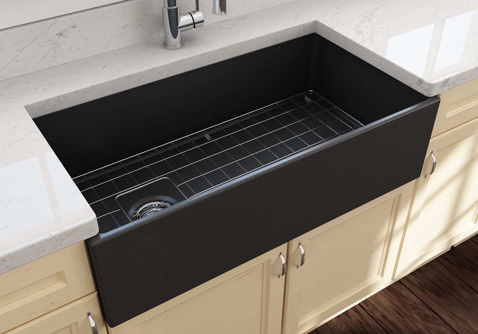 Contempo Apron Front Fireclay 36 in. Single Bowl Kitchen Sink with Protective Bottom Grid and Strainer 1354