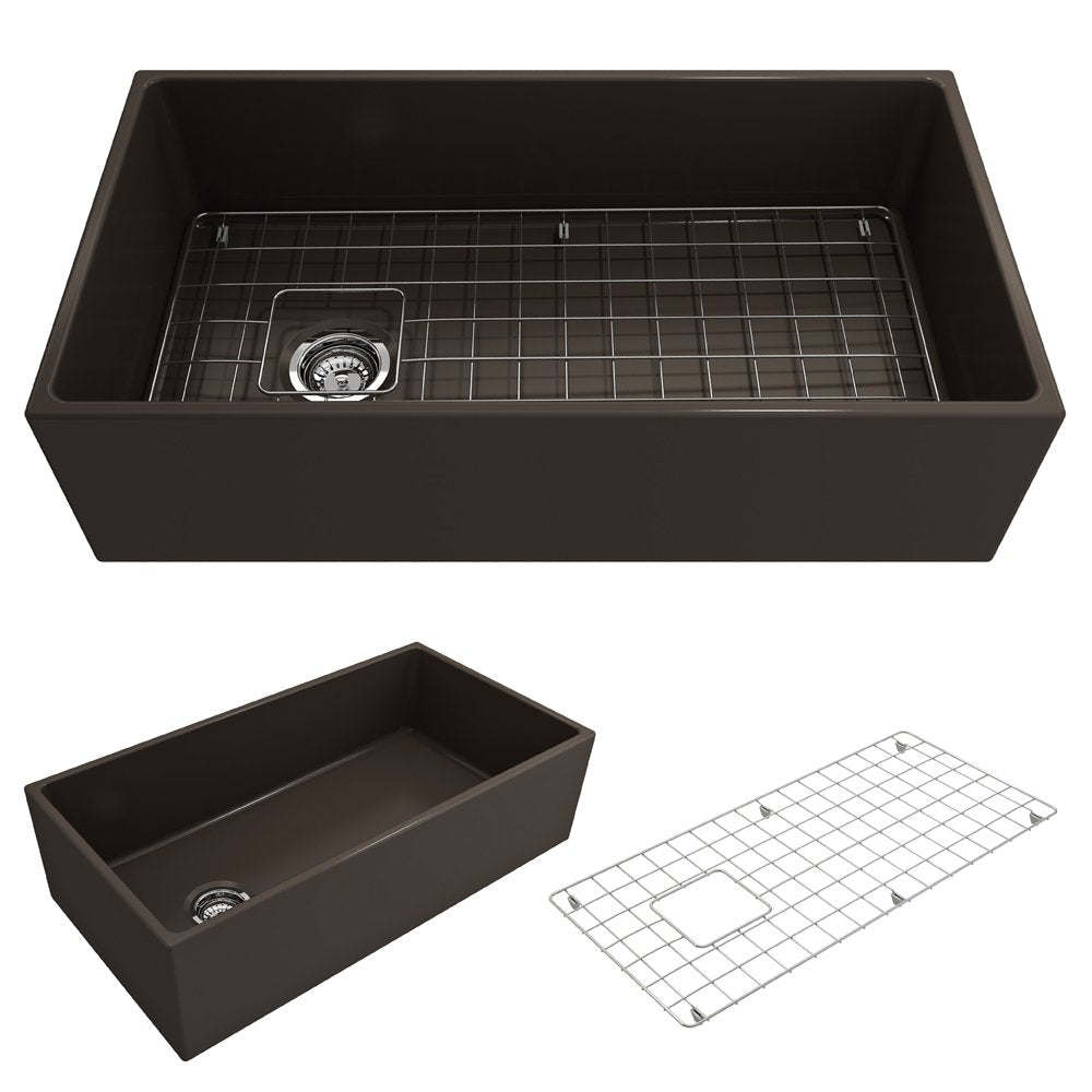 Contempo Apron Front Fireclay 36 in. Single Bowl Kitchen Sink with Protective Bottom Grid and Strainer 1354