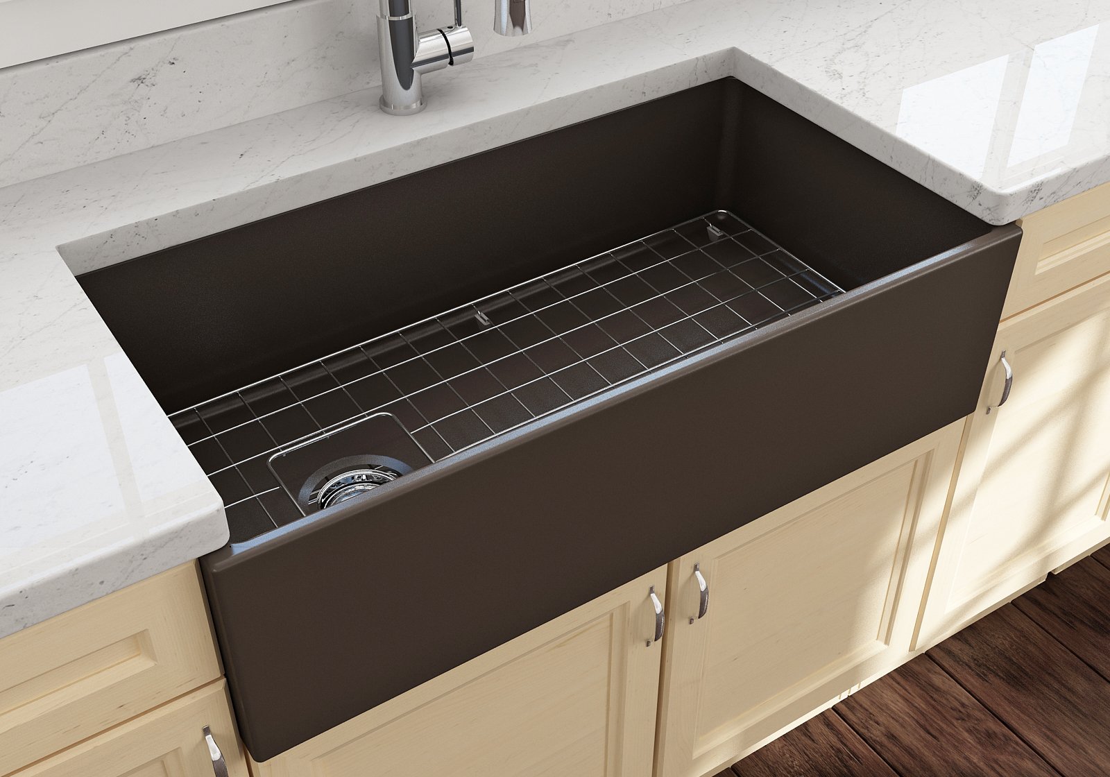 Contempo Apron Front Fireclay 36 in. Single Bowl Kitchen Sink with Protective Bottom Grid and Strainer 1354