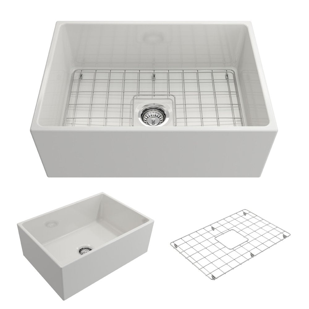 Contempo Apron Front Fireclay 27 in. Single Bowl Kitchen Sink with Protective Bottom Grid and Strainer 1356
