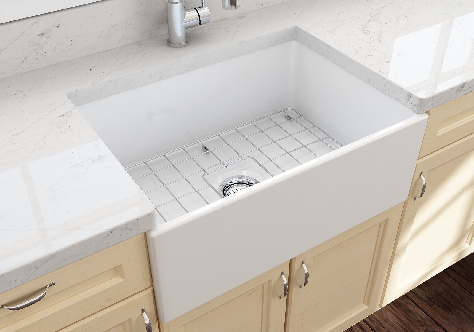 Contempo Apron Front Fireclay 27 in. Single Bowl Kitchen Sink with Protective Bottom Grid and Strainer 1356