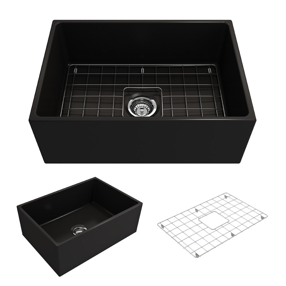 Contempo Apron Front Fireclay 27 in. Single Bowl Kitchen Sink with Protective Bottom Grid and Strainer 1356