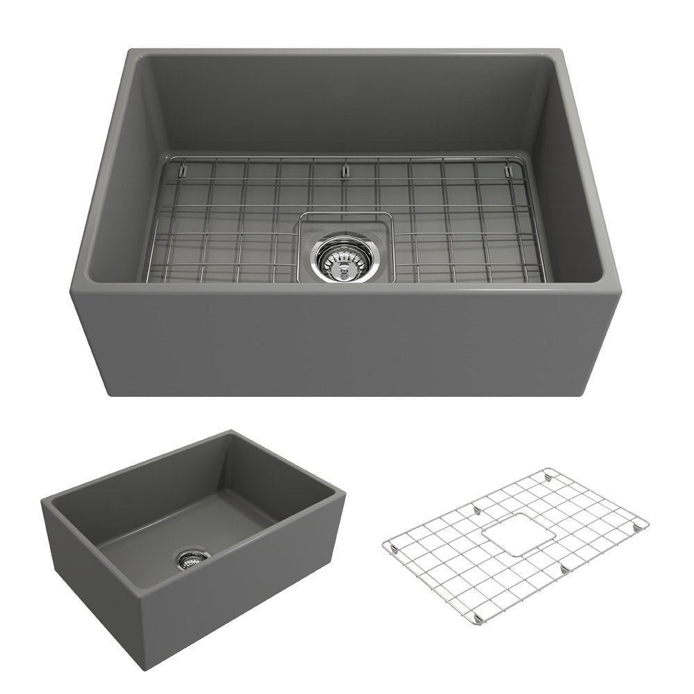 Contempo Apron Front Fireclay 27 in. Single Bowl Kitchen Sink with Protective Bottom Grid and Strainer 1356