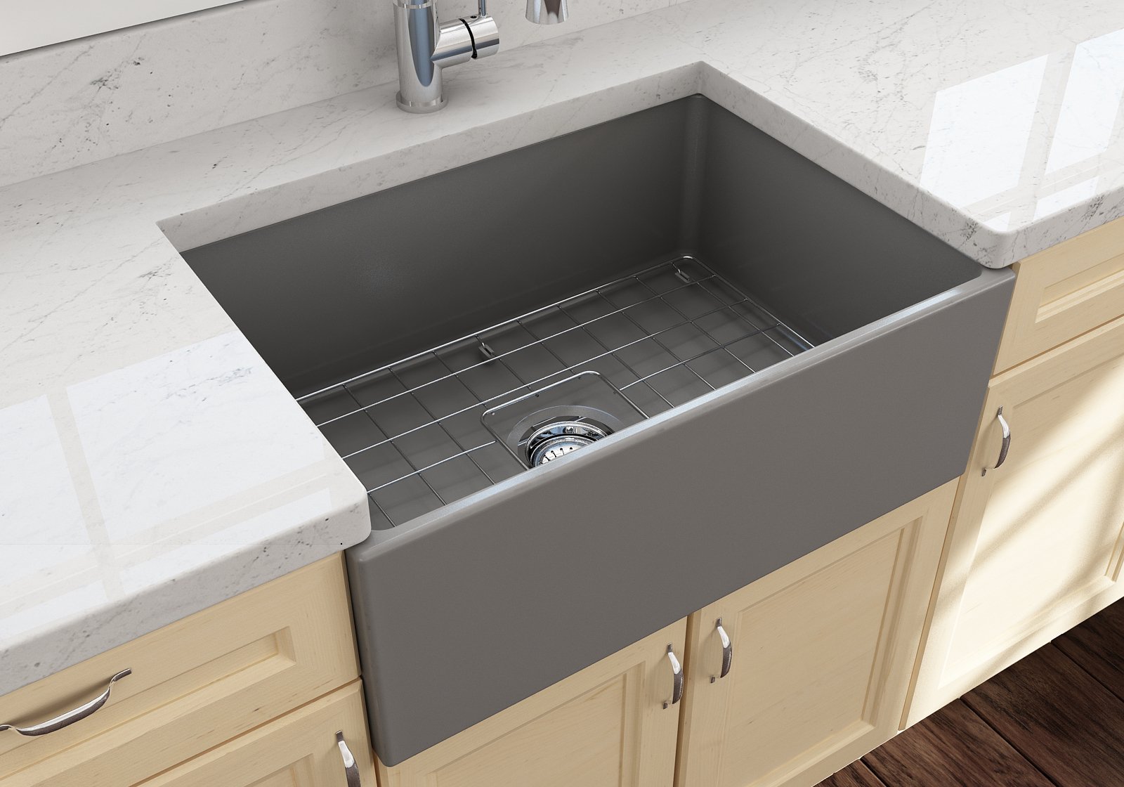 Contempo Apron Front Fireclay 27 in. Single Bowl Kitchen Sink with Protective Bottom Grid and Strainer 1356