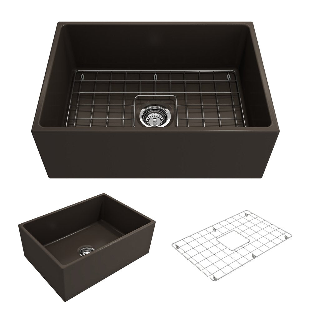 Contempo Apron Front Fireclay 27 in. Single Bowl Kitchen Sink with Protective Bottom Grid and Strainer 1356