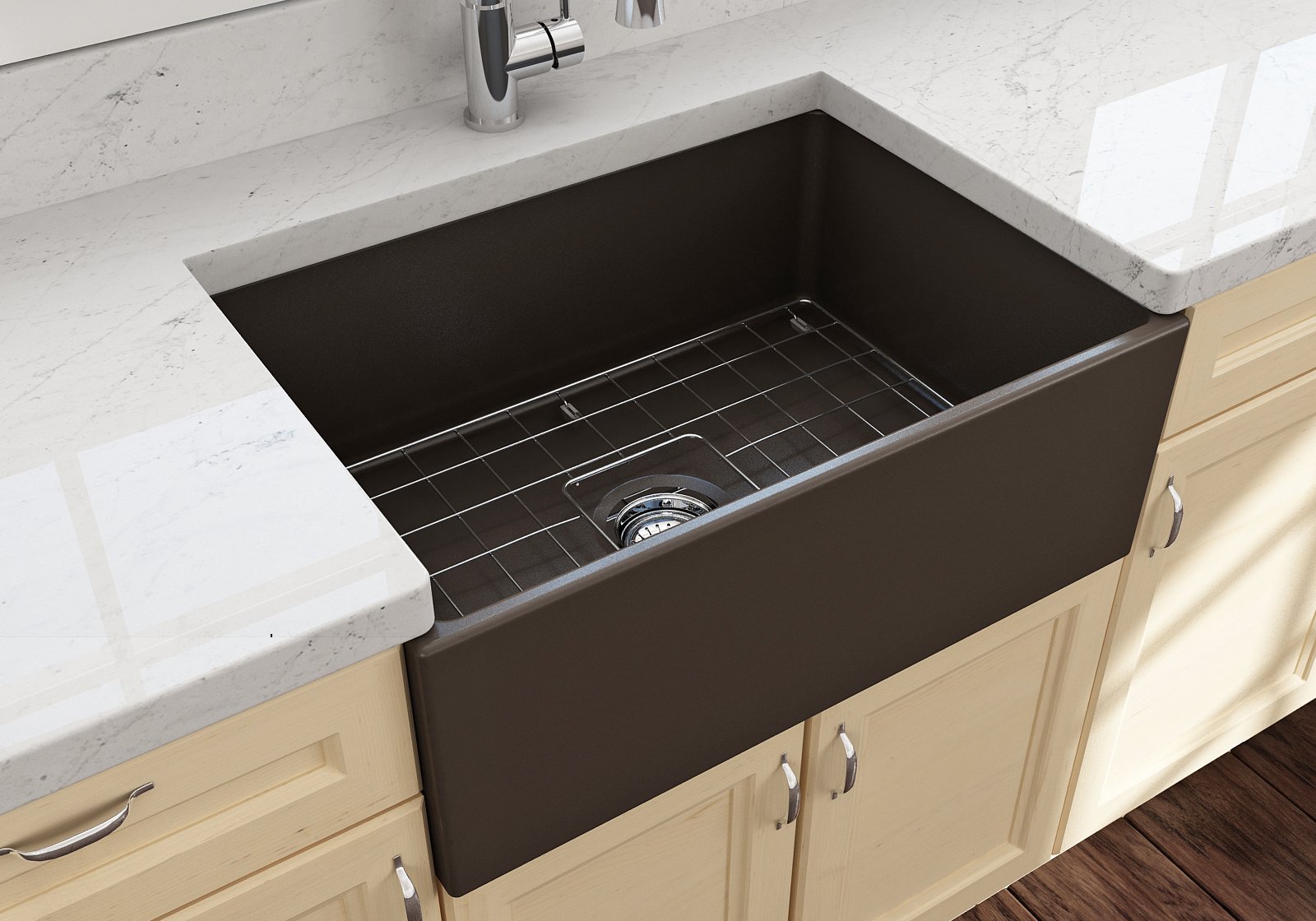 Contempo Apron Front Fireclay 27 in. Single Bowl Kitchen Sink with Protective Bottom Grid and Strainer 1356