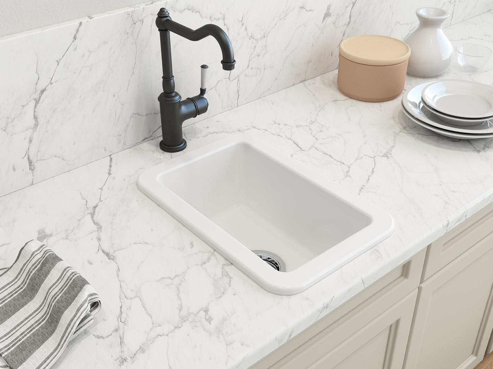Sotto Dual-mount Fireclay 12 in. Single Bowl Bar Sink with Strainer 1358