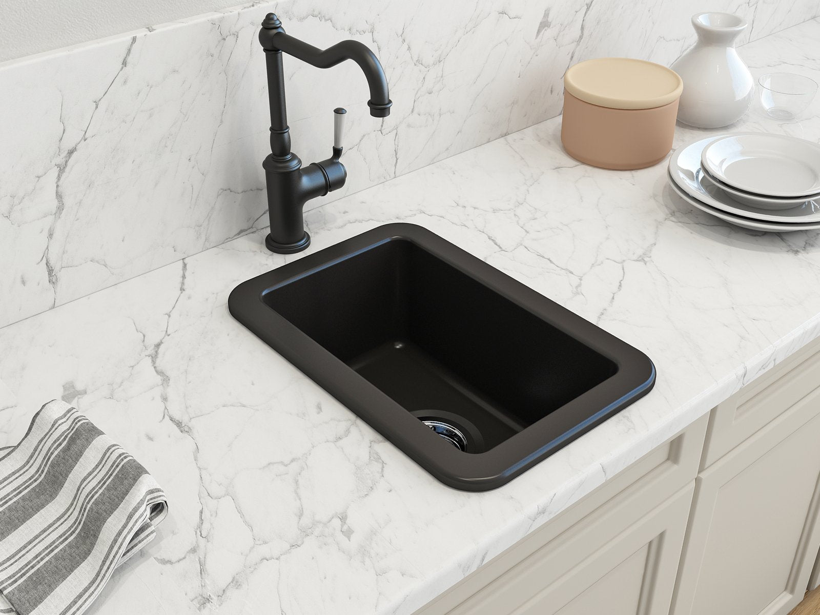 Sotto Dual-mount Fireclay 12 in. Single Bowl Bar Sink with Strainer 1358
