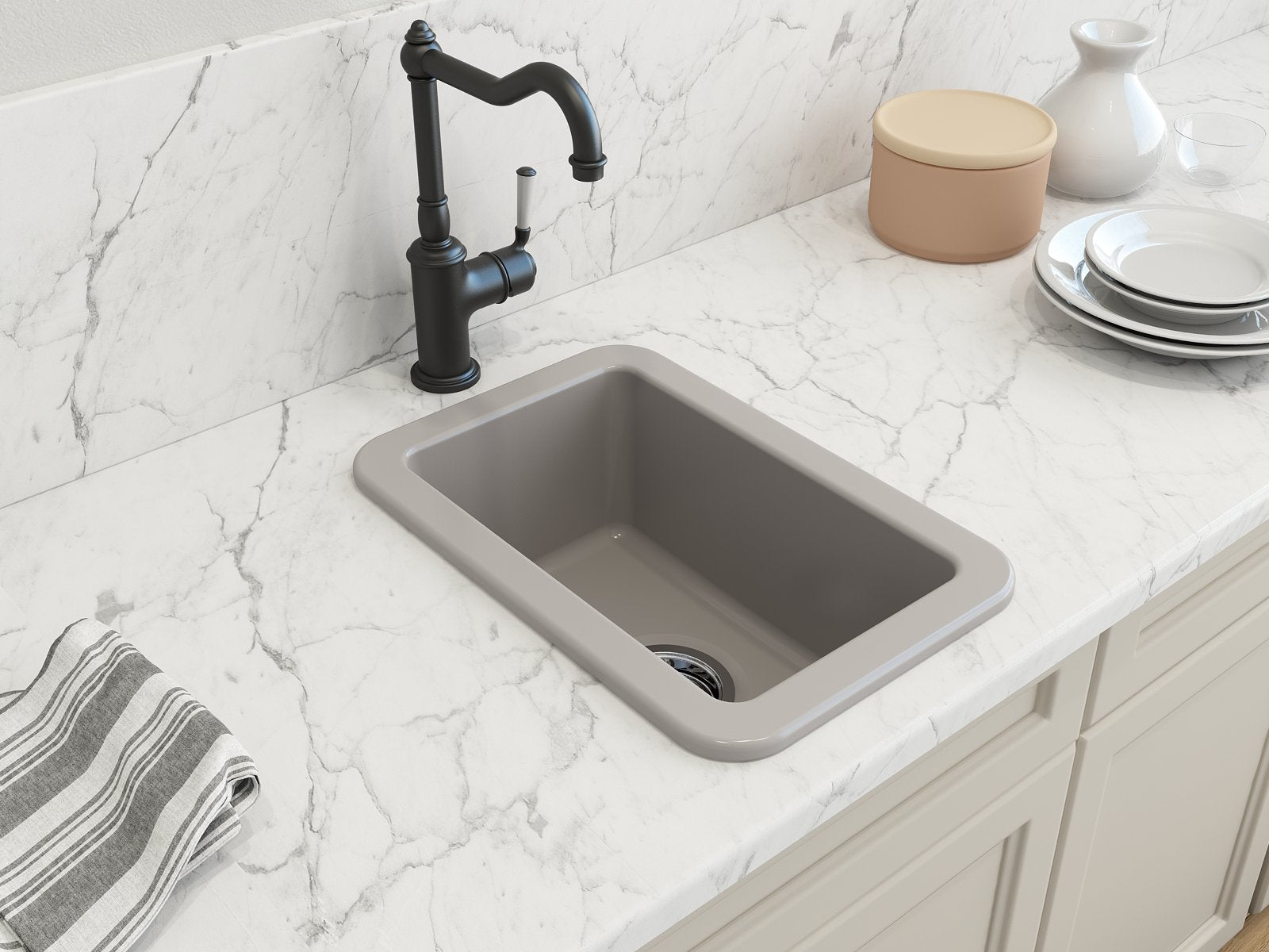 Sotto Dual-mount Fireclay 12 in. Single Bowl Bar Sink with Strainer 1358