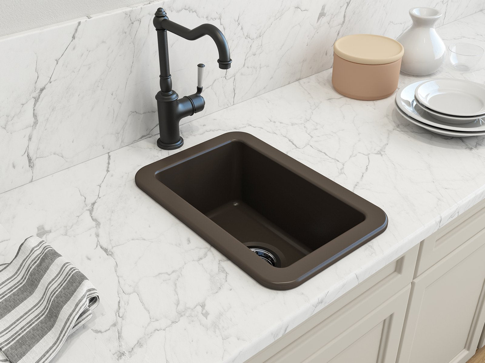 Sotto Dual-mount Fireclay 12 in. Single Bowl Bar Sink with Strainer 1358