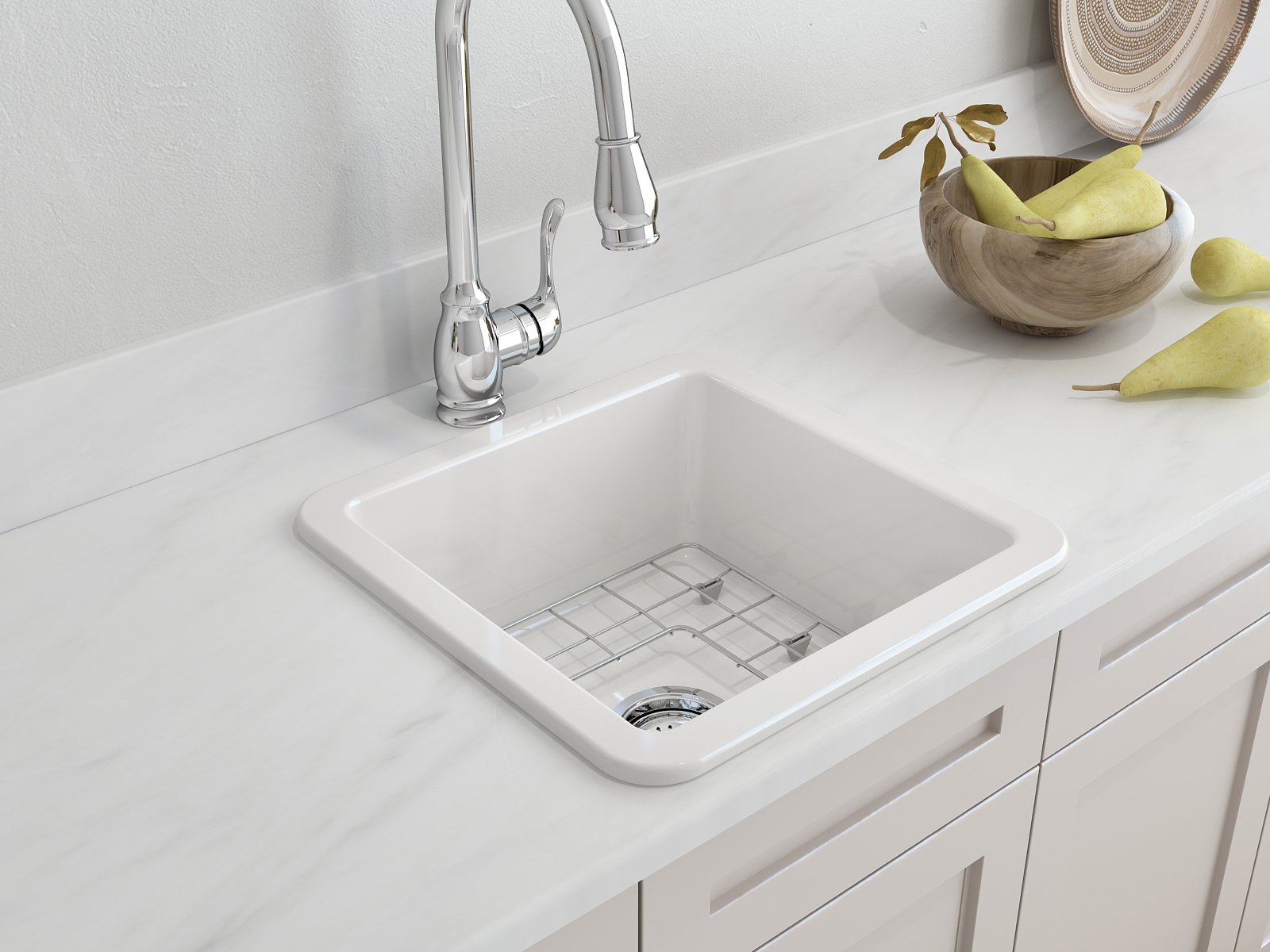Sotto Dual-mount Fireclay 18 in. Single Bowl Bar Sink with Protective Bottom Grid and Strainer 1359