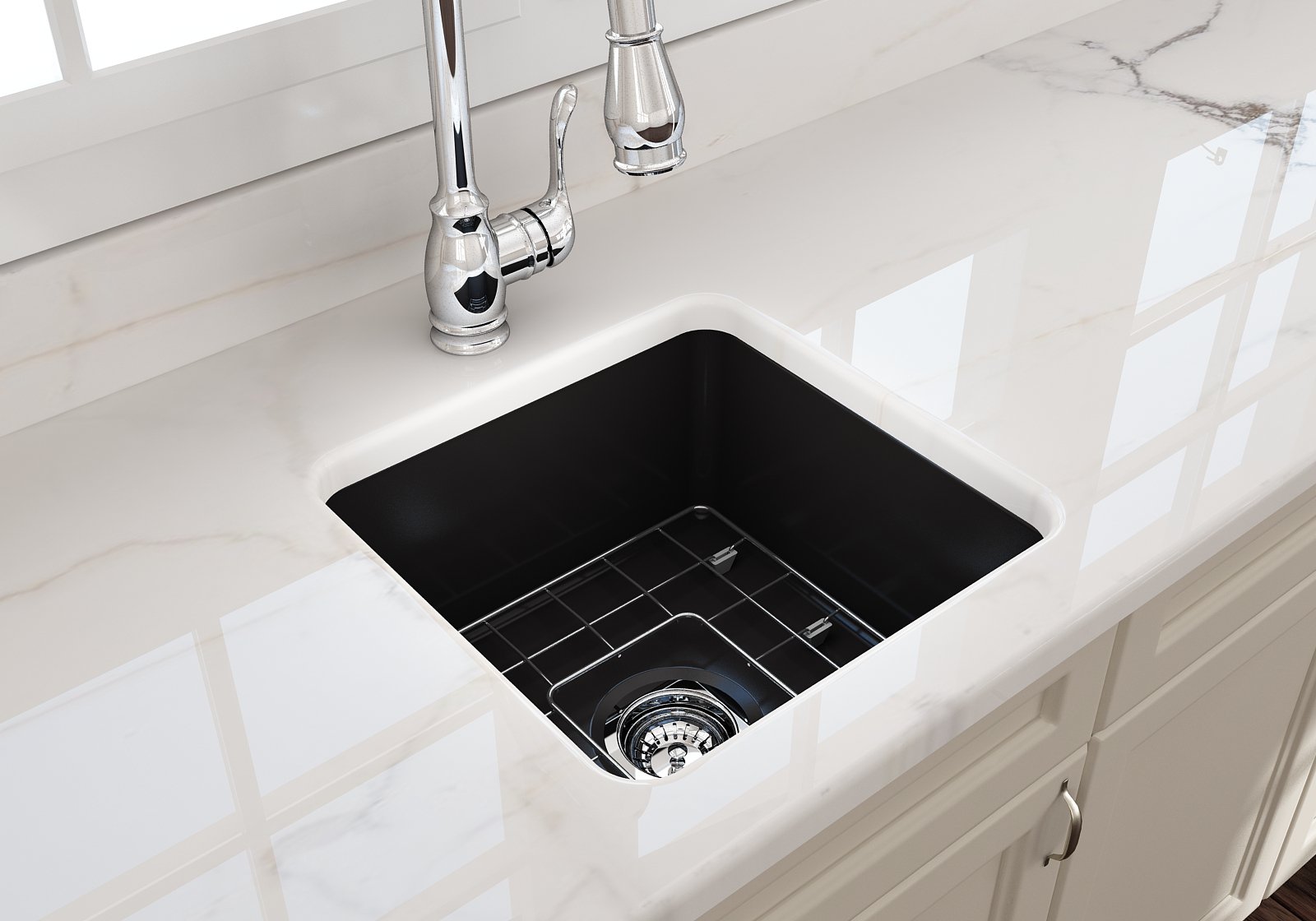 Sotto Dual-mount Fireclay 18 in. Single Bowl Bar Sink with Protective Bottom Grid and Strainer 1359