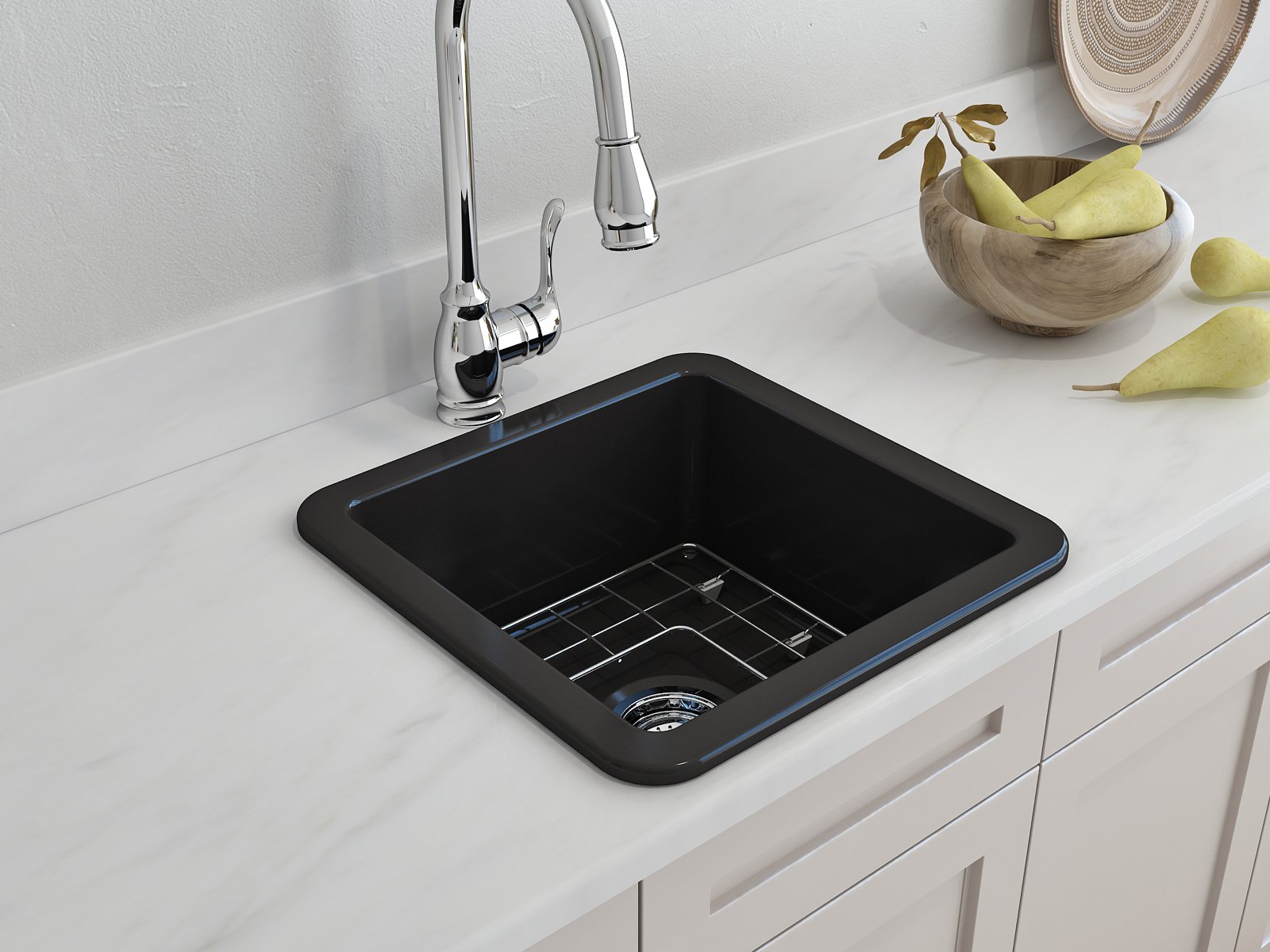 Sotto Dual-mount Fireclay 18 in. Single Bowl Bar Sink with Protective Bottom Grid and Strainer 1359