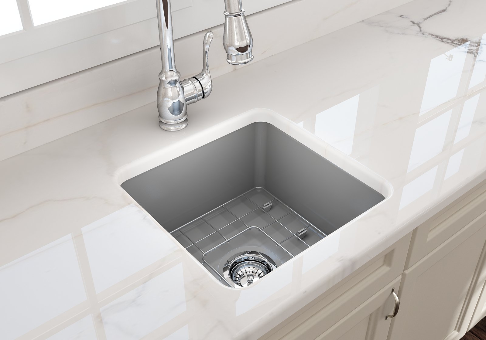 Sotto Dual-mount Fireclay 18 in. Single Bowl Bar Sink with Protective Bottom Grid and Strainer 1359