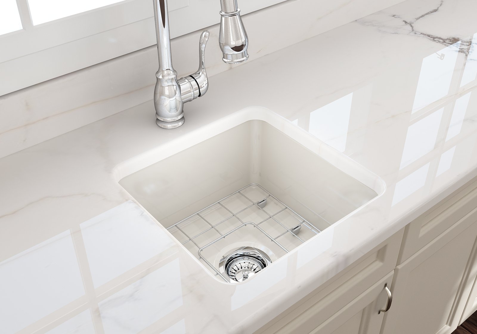 Sotto Dual-mount Fireclay 18 in. Single Bowl Bar Sink with Protective Bottom Grid and Strainer 1359
