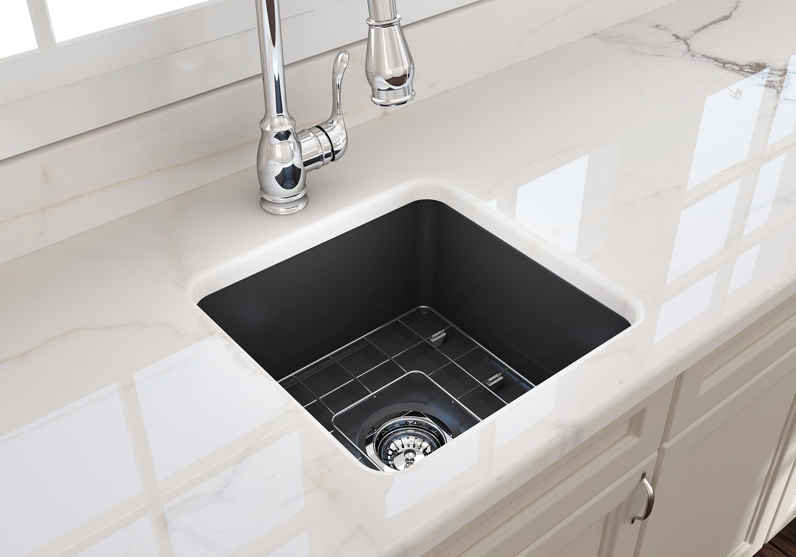 Sotto Dual-mount Fireclay 18 in. Single Bowl Bar Sink with Protective Bottom Grid and Strainer 1359