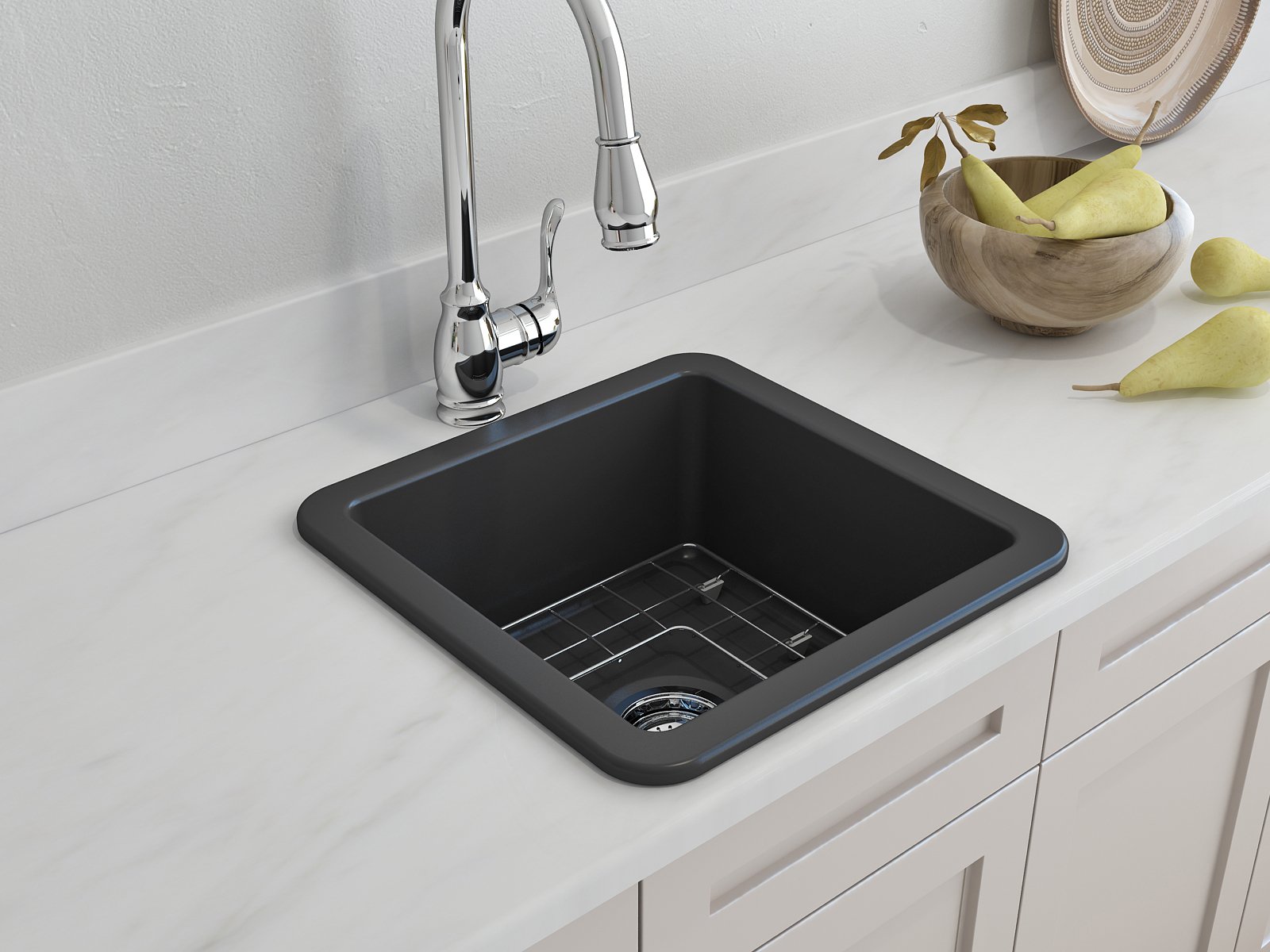 Sotto Dual-mount Fireclay 18 in. Single Bowl Bar Sink with Protective Bottom Grid and Strainer 1359