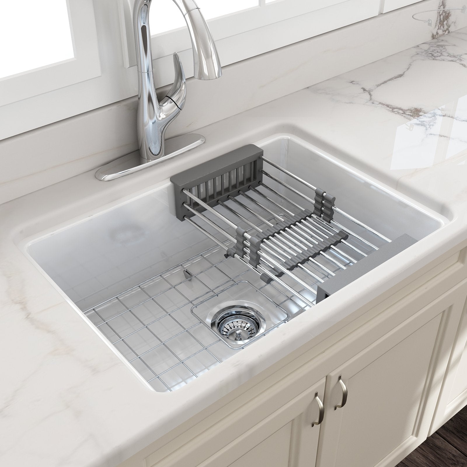 Sotto Dual-mount Fireclay 27 in. Single Bowl Kitchen Sink with Protective Bottom Grid and Strainer 1360