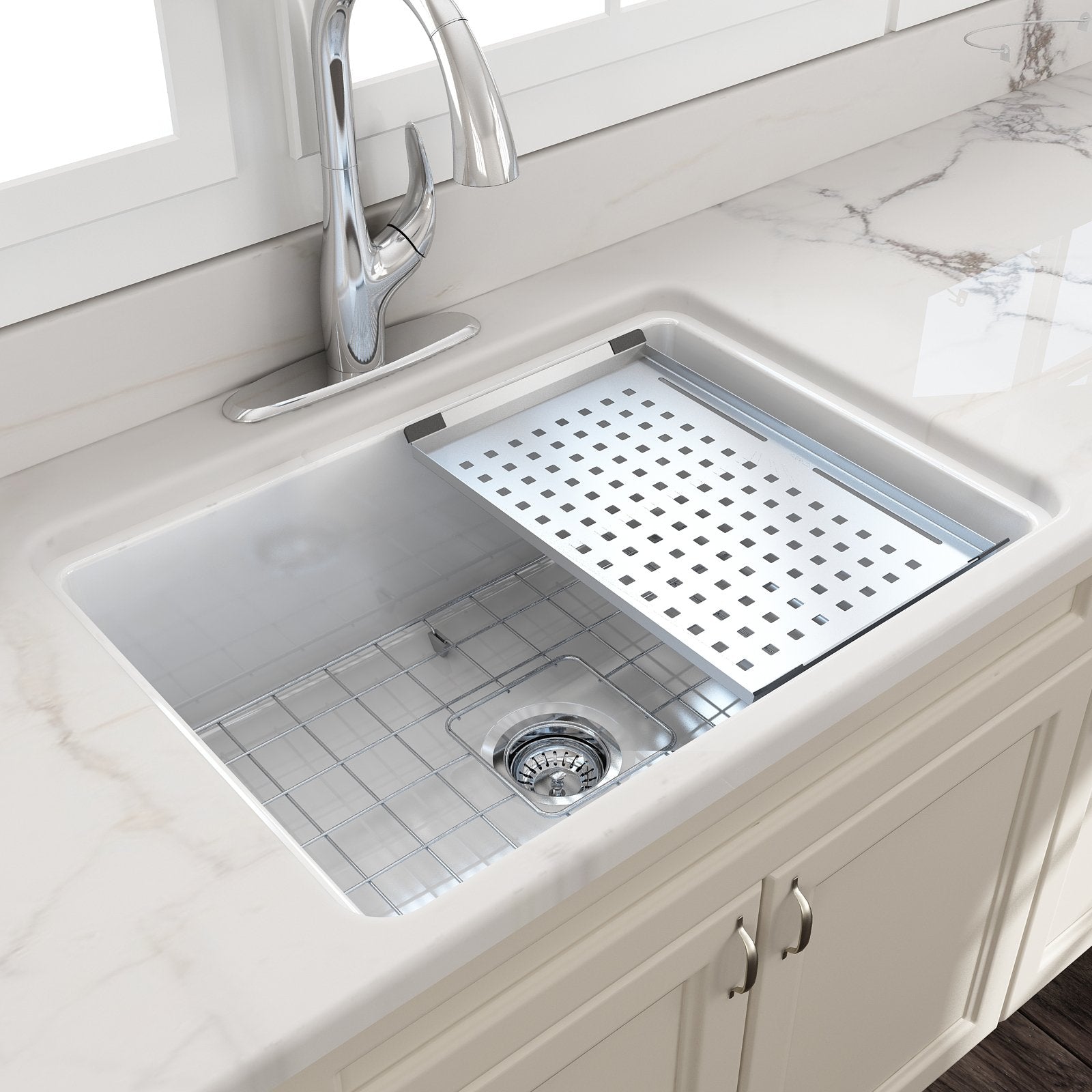 Sotto Dual-mount Fireclay 27 in. Single Bowl Kitchen Sink with Protective Bottom Grid and Strainer 1360