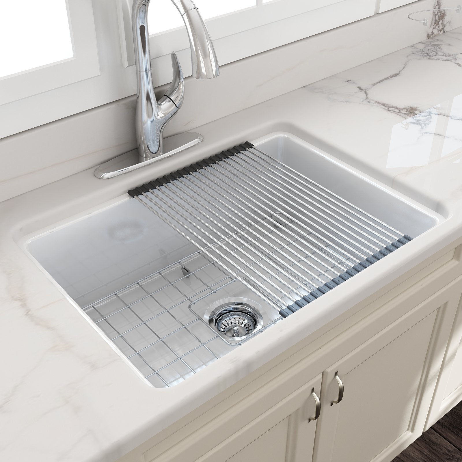 Sotto Dual-mount Fireclay 27 in. Single Bowl Kitchen Sink with Protective Bottom Grid and Strainer 1360