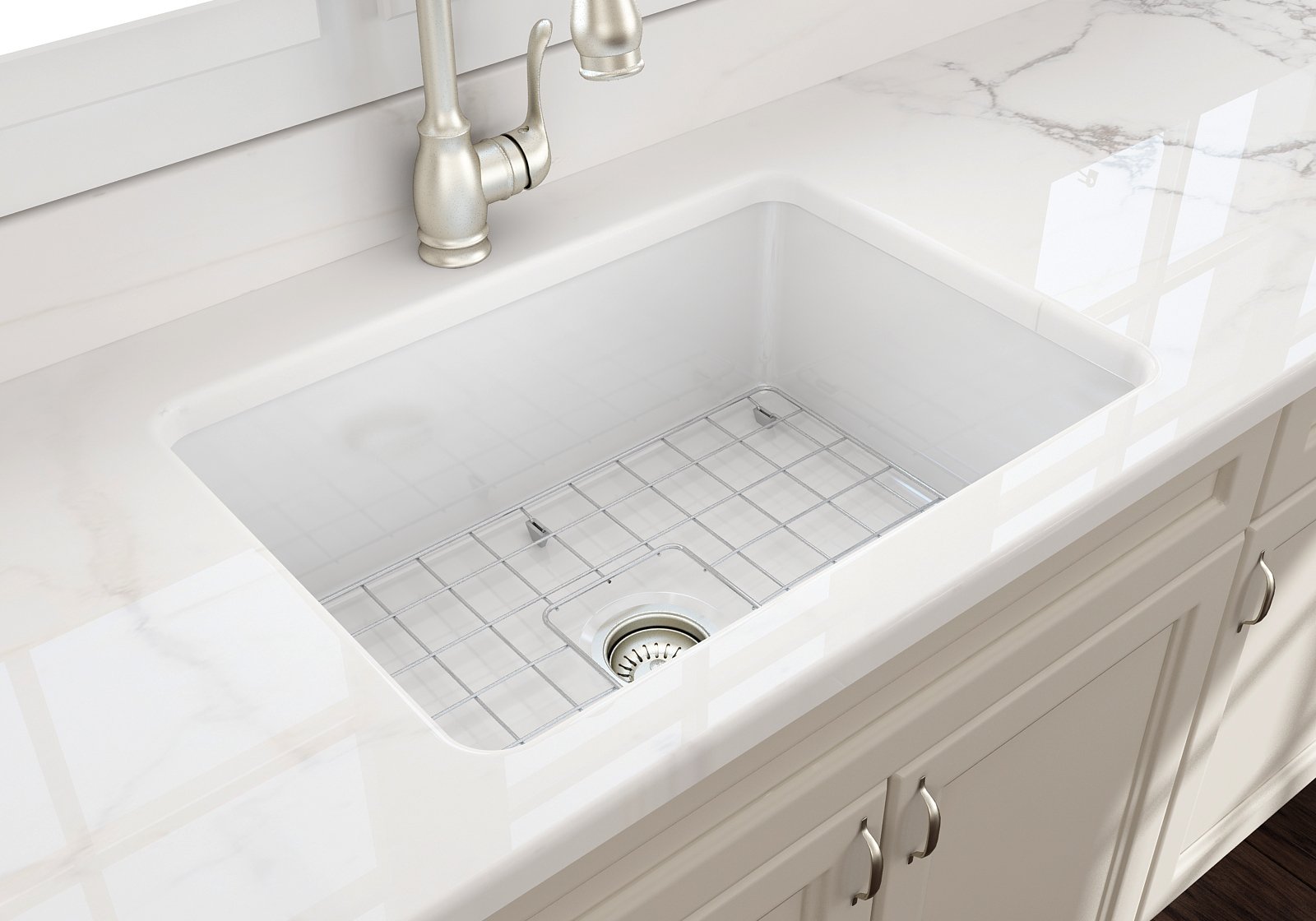 Sotto Dual-mount Fireclay 27 in. Single Bowl Kitchen Sink with Protective Bottom Grid and Strainer 1360
