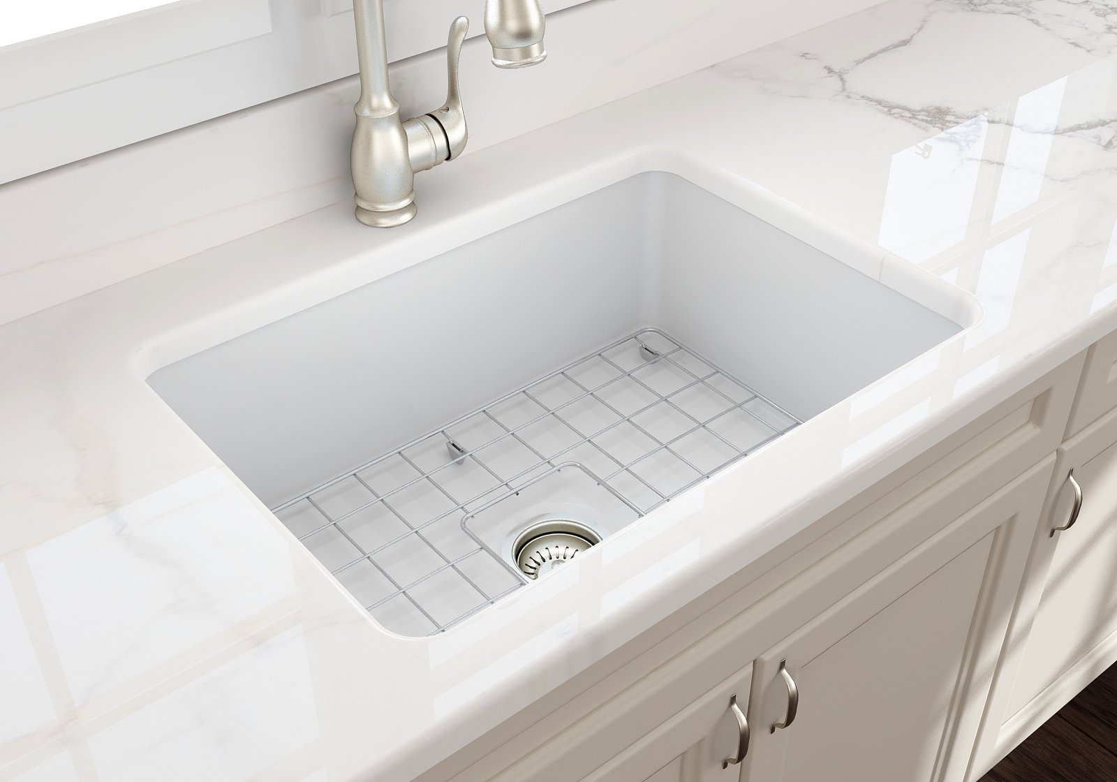 Sotto Dual-mount Fireclay 27 in. Single Bowl Kitchen Sink with Protective Bottom Grid and Strainer 1360