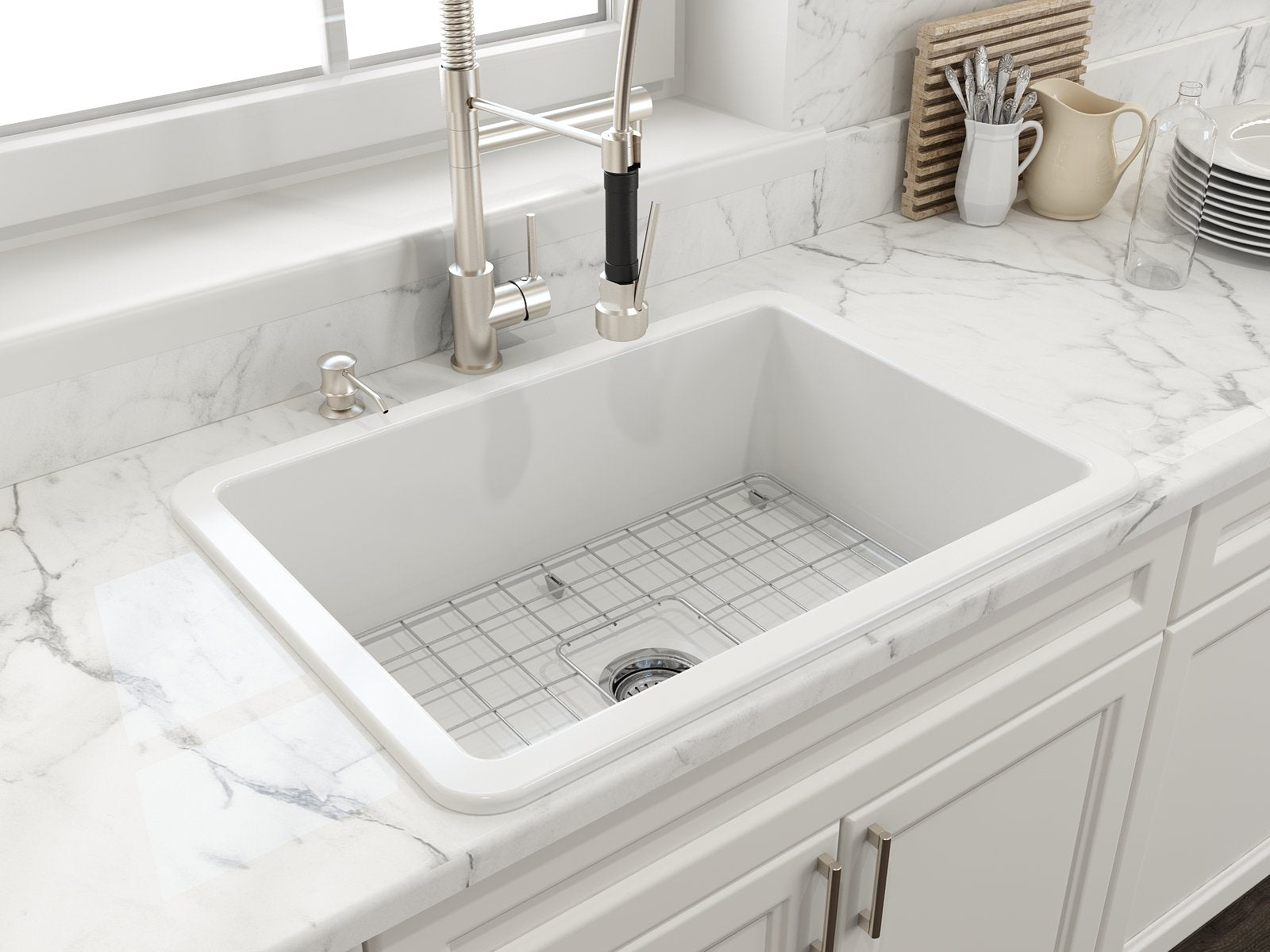 Sotto Dual-mount Fireclay 27 in. Single Bowl Kitchen Sink with Protective Bottom Grid and Strainer 1360