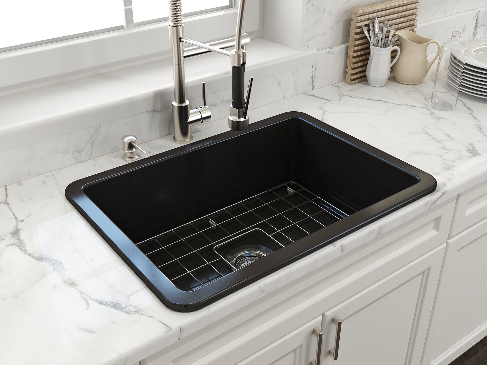 Sotto Dual-mount Fireclay 27 in. Single Bowl Kitchen Sink with Protective Bottom Grid and Strainer 1360