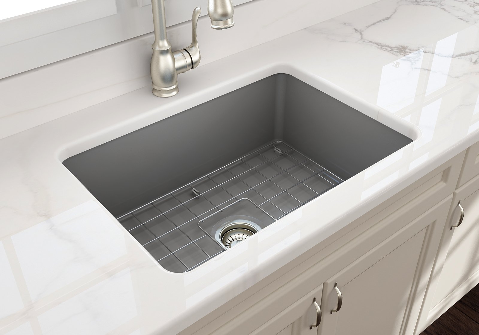 Sotto Dual-mount Fireclay 27 in. Single Bowl Kitchen Sink with Protective Bottom Grid and Strainer 1360