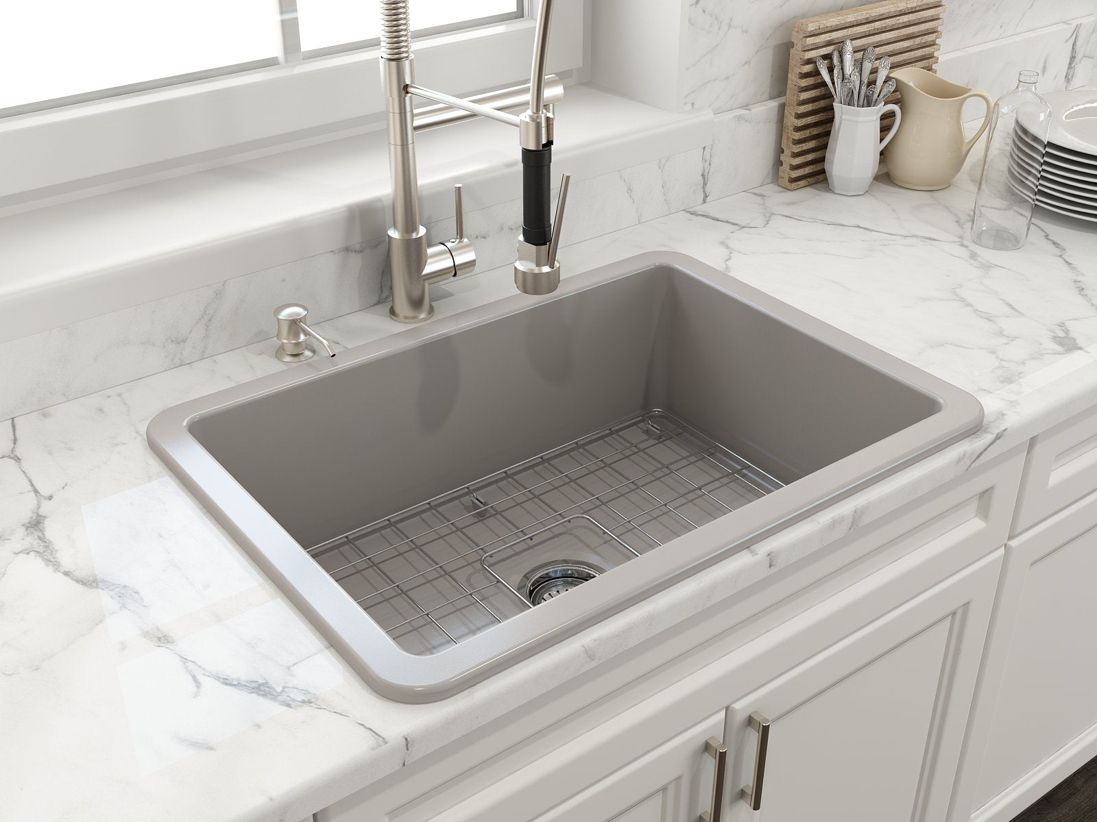Sotto Dual-mount Fireclay 27 in. Single Bowl Kitchen Sink with Protective Bottom Grid and Strainer 1360