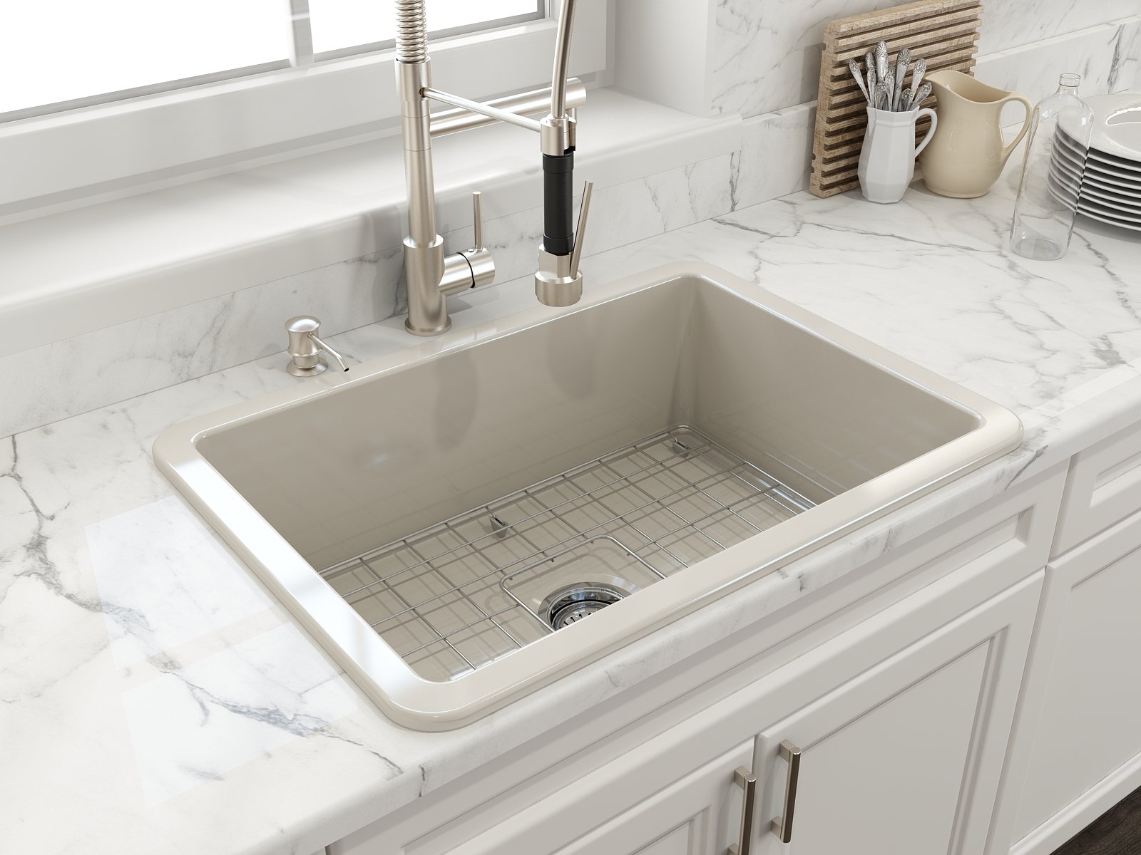 Sotto Dual-mount Fireclay 27 in. Single Bowl Kitchen Sink with Protective Bottom Grid and Strainer 1360