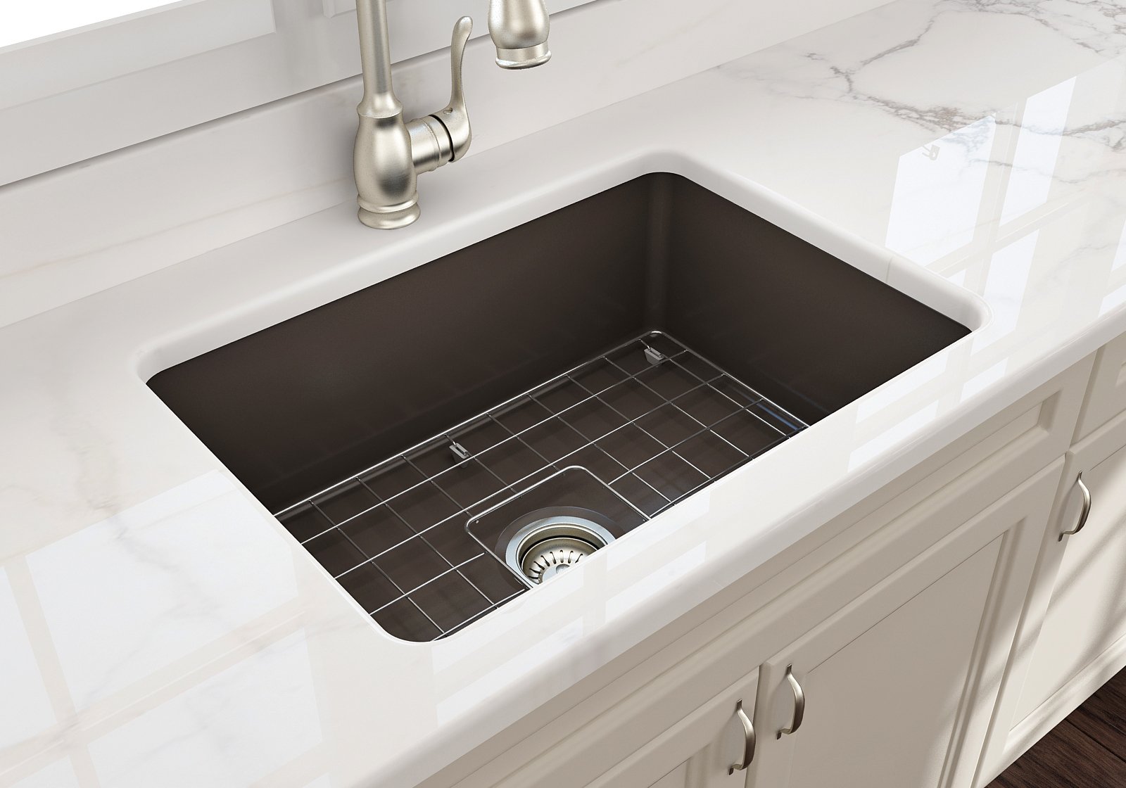 Sotto Dual-mount Fireclay 27 in. Single Bowl Kitchen Sink with Protective Bottom Grid and Strainer 1360