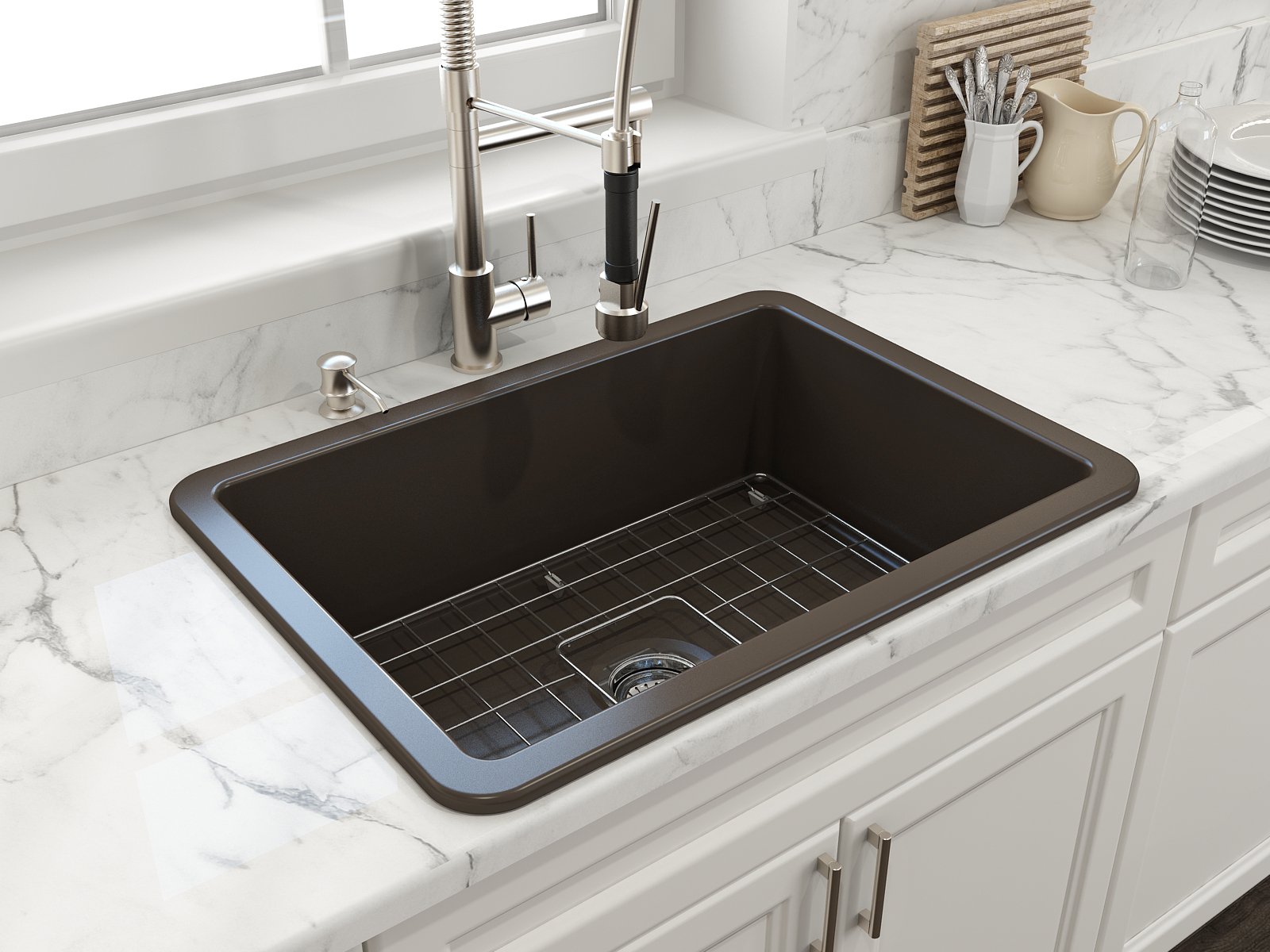Sotto Dual-mount Fireclay 27 in. Single Bowl Kitchen Sink with Protective Bottom Grid and Strainer 1360