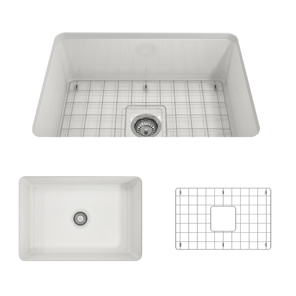 Sotto Dual-mount Fireclay 27 in. Single Bowl Kitchen Sink with Protective Bottom Grid and Strainer 1360