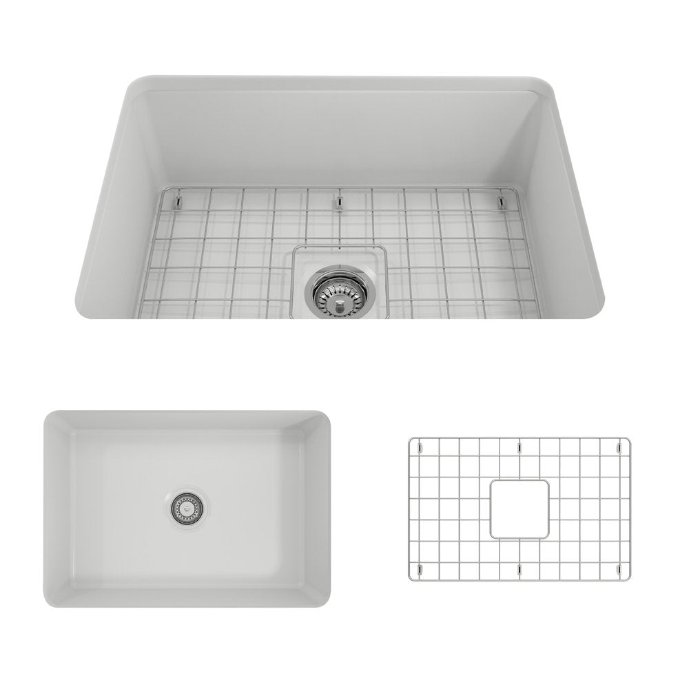 Sotto Dual-mount Fireclay 27 in. Single Bowl Kitchen Sink with Protective Bottom Grid and Strainer 1360
