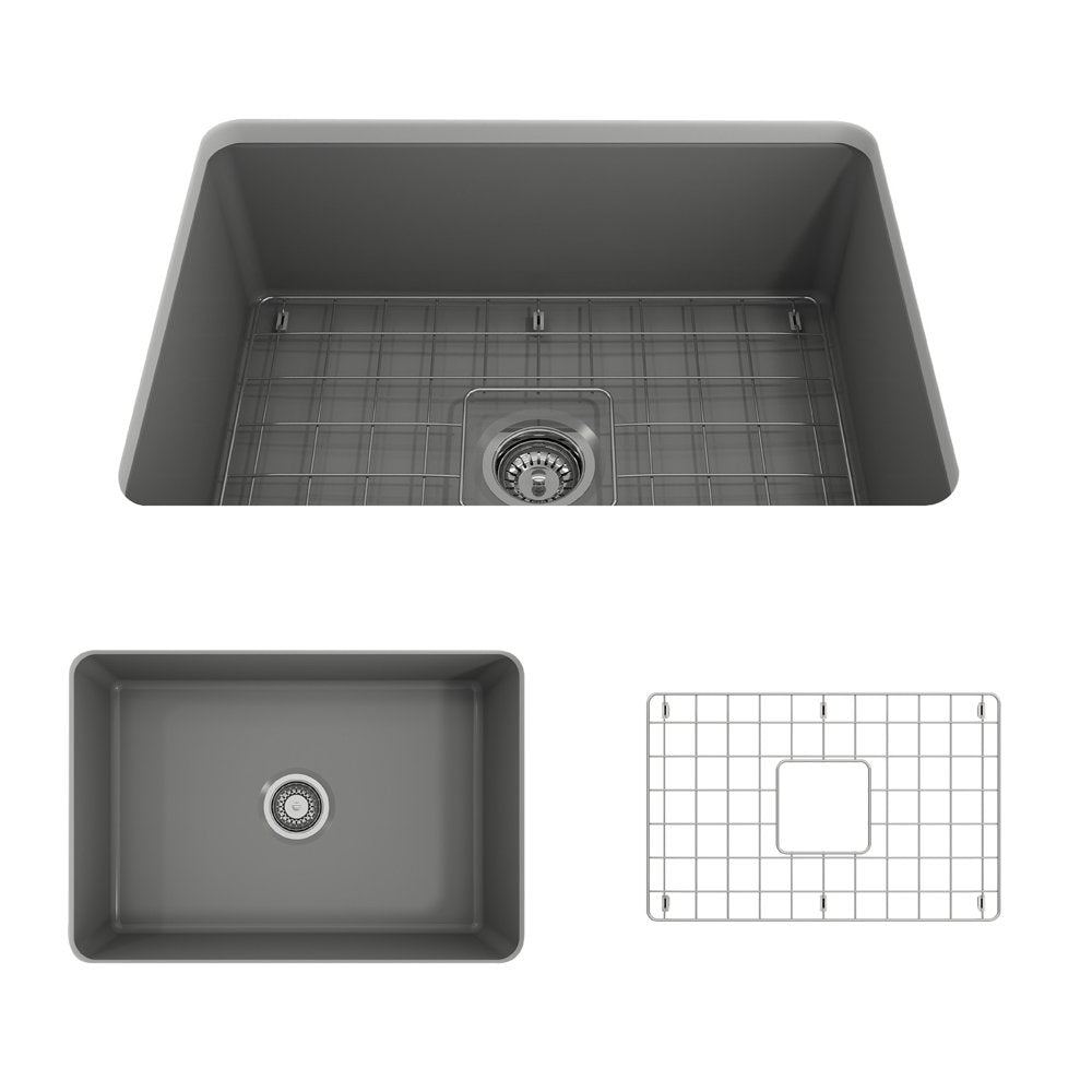 Sotto Dual-mount Fireclay 27 in. Single Bowl Kitchen Sink with Protective Bottom Grid and Strainer 1360