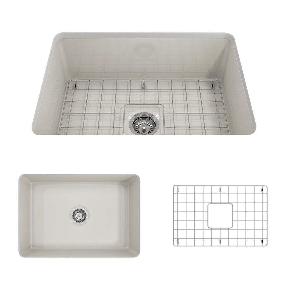 Sotto Dual-mount Fireclay 27 in. Single Bowl Kitchen Sink with Protective Bottom Grid and Strainer 1360