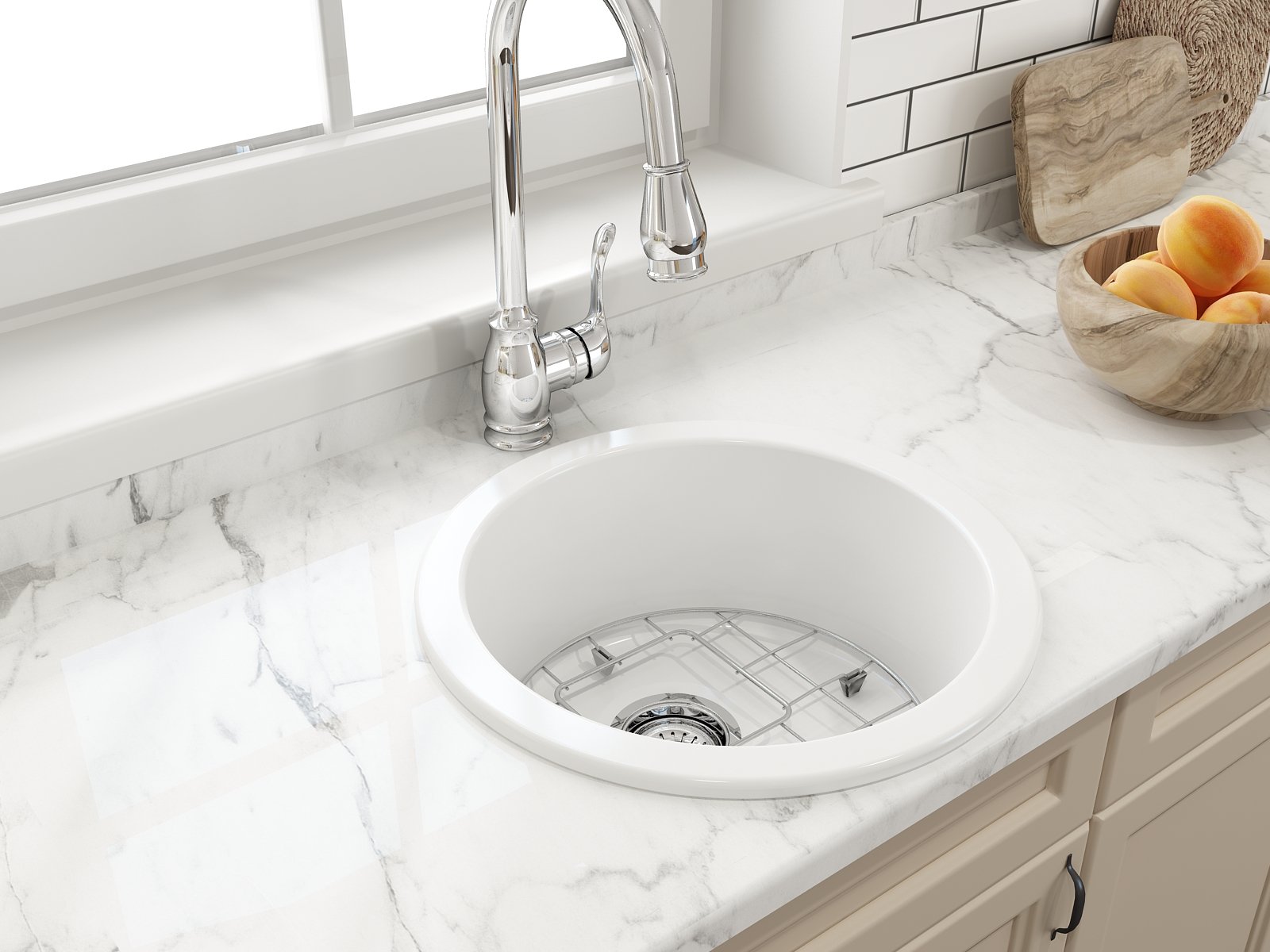 Sotto Round Dual-mount Fireclay 18.5 in. Single Bowl Bar Sink with Protective Bottom Grid and Strainer 1361