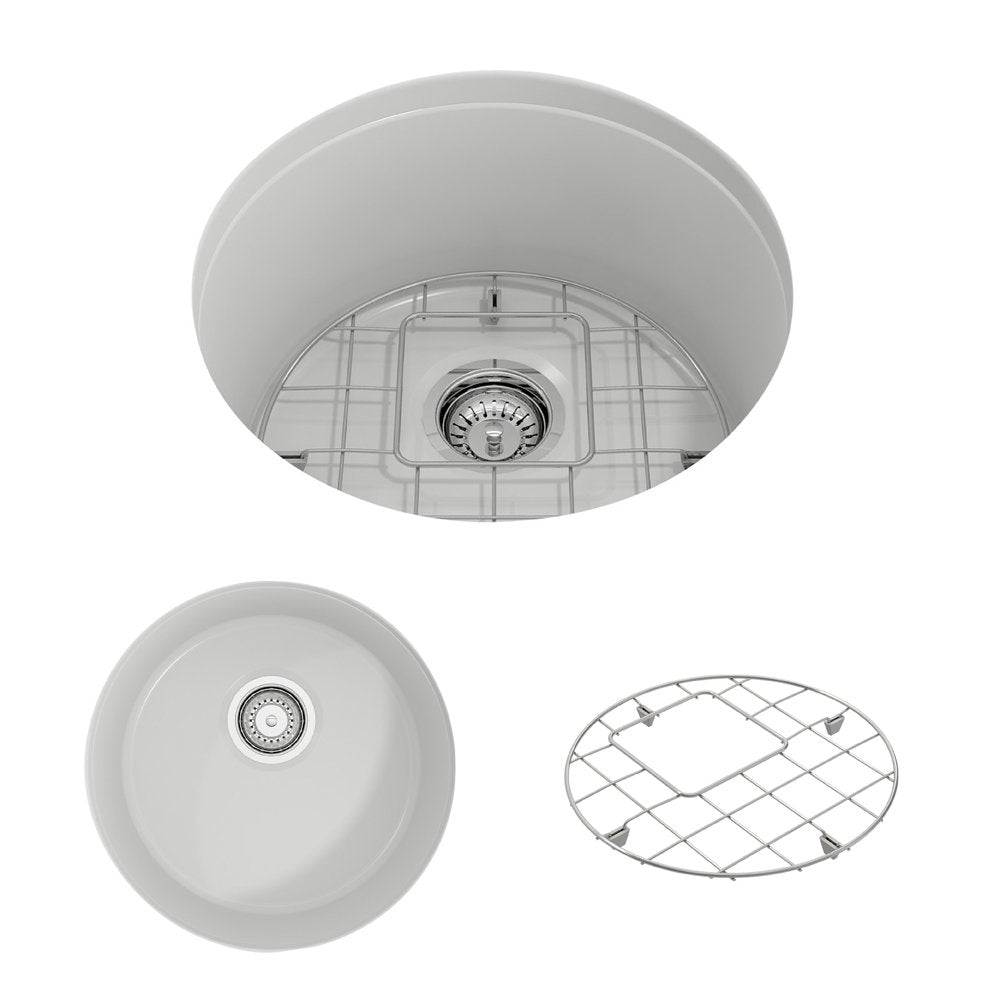 Sotto Round Dual-mount Fireclay 18.5 in. Single Bowl Bar Sink with Protective Bottom Grid and Strainer 1361