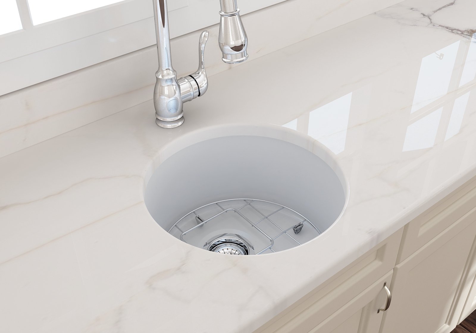 Sotto Round Dual-mount Fireclay 18.5 in. Single Bowl Bar Sink with Protective Bottom Grid and Strainer 1361