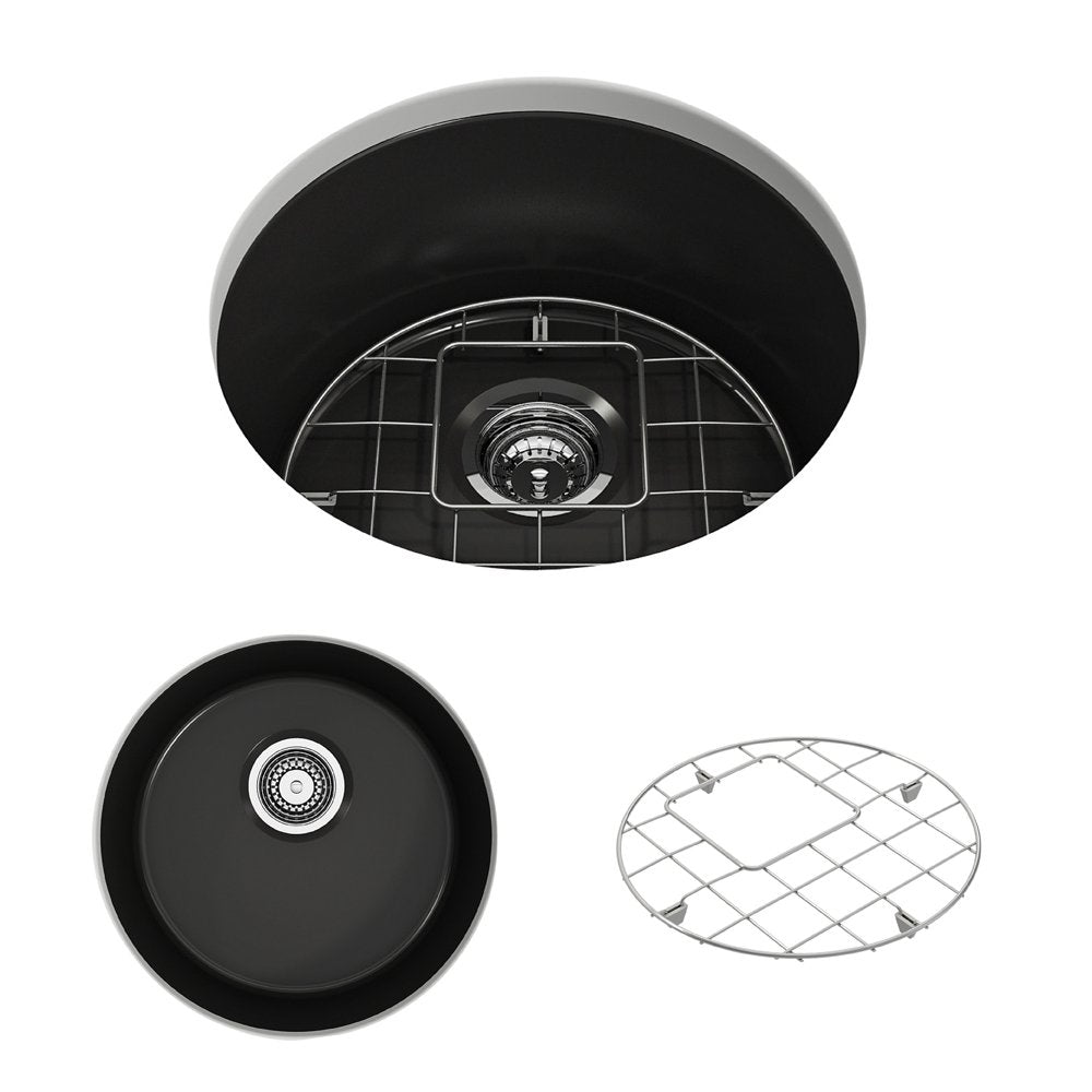 Sotto Round Dual-mount Fireclay 18.5 in. Single Bowl Bar Sink with Protective Bottom Grid and Strainer 1361