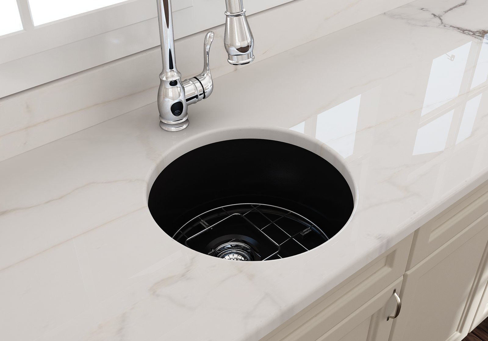 Sotto Round Dual-mount Fireclay 18.5 in. Single Bowl Bar Sink with Protective Bottom Grid and Strainer 1361
